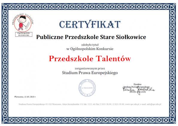 Certyfikat - Przedszkole Talentów    